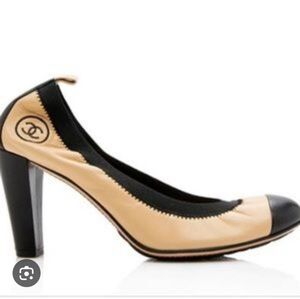 Chanel Lambskin Patent CC Elastic Stretch Pumps, Two Tone Beige Black Size 37.5